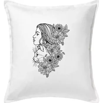 Polštář Žena a kočka - kreslená - Polštář 50x50 - 50x50 - Pouze potah ( Bílá )