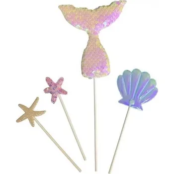 Jedlá dekorace na dort Dortisimo Zápich do dortu Ocas mořské panny světle růžový s mušlí a hvězdicemi (4 ks)