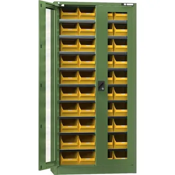 Zásobníková skříň, prosklené dveře, 1950 x 950 x 400 mm, 9 x police, 40 x zásobník 204 x 350 x 150 mm, barva zelená RAL6011