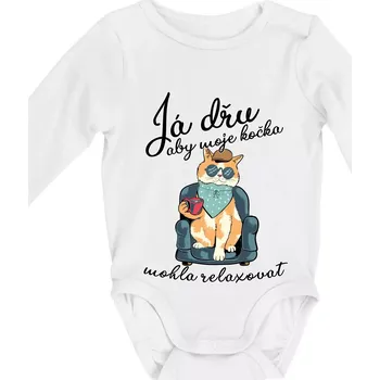 Kojenecký body Já dřu, aby moje kočka mohla relaxovat - Body kojenecké s dlouhým rukávem - Dlouhý r. do 3 měs ( Bílá )