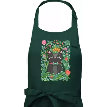 Kuchyňská zástěra Kočka s květy malovaná - Pánská zástěra na vaření - Univerzální velikost ( Lahvově zelená )