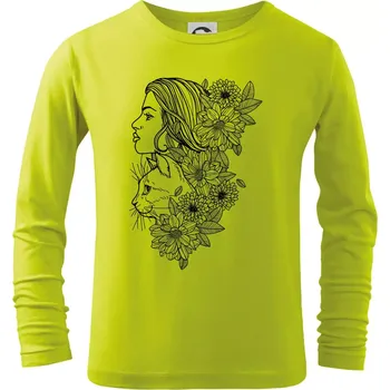 Dětská móda Žena a kočka - kreslená - Triko dětské Long Sleeve - 134 cm/8 let ( Limetková )