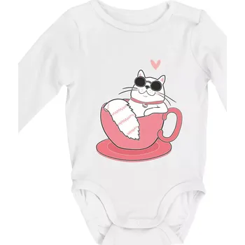 Hustá kočka v hrníčku - Body kojenecké s dlouhým rukávem - Dlouhý r. do 3 měs ( Bílá )