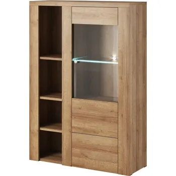 Komoda Prosklená vysoká komoda s dvířky a policemi do obývacího pokoje Larona - Helvetia Dub Riviera Světlý 100x145 cm