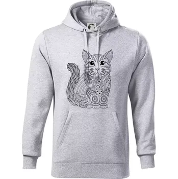 Pánská mikina Kočka sedící mandala - Mikina pánská Cape s kapucí - 5XL ( Světlešedý Melír )