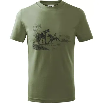 Kůň a hříbě malované - Tričko dětské bavlněné - 134 cm/8 let ( Khaki )