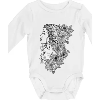 Kojenecký body Žena a kočka - kreslená - Body kojenecké s dlouhým rukávem - Dlouhý r. do 3 měs ( Bílá )