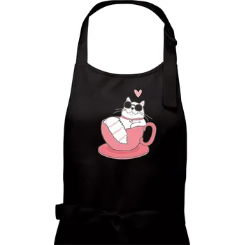 Kuchyňská zástěra Hustá kočka v hrníčku - Dámská zástěra na vaření - Univerzální velikost ( Černá )