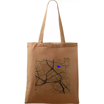 Nákupní taška Praha - 14100 mapa s vodními toky - Taška bavlněná - 42 x 38 cm ( Cappuccino )
