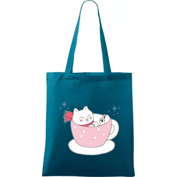 Vánoční kočka v hrnečku - Taška bavlněná - 42 x 38 cm ( Petrolejová )