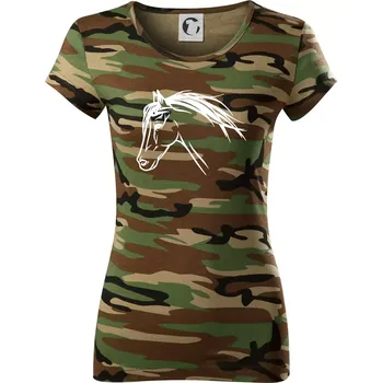 Dámské tričko Kůň - hlava celá - Dámské maskáčové triko - XS ( Hnědý maskáč )