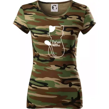 Pořád kočka - Dámské maskáčové triko - S ( Hnědý maskáč )