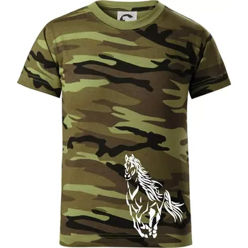 Chlapecké oblečení Kůň běžící - Dětské maskáčové triko - 146 cm/10 let ( Zelený maskáč )