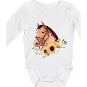 Kojenecký body Hlava koně a slunečnice - Body kojenecké s dlouhým rukávem - Dlouhý r. do 3 měs ( Bílá )