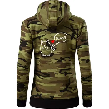 Dámská mikina Tlustá kočka - Dámská mikina trendy zipper s kapucí - M ( Zelený maskáč )