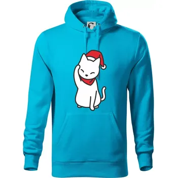 Pánská mikina Vánoční kočka mávající - Mikina pánská Cape s kapucí - 5XL ( Světlý tyrkys )