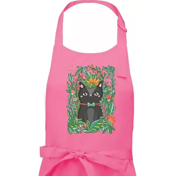 Kuchyňská zástěra Kočka s květy malovaná - Dámská zástěra na vaření - Univerzální velikost ( Růžová )