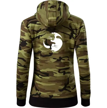 Dámská mikina Kočka - Jin jang - Dámská mikina trendy zipper s kapucí - M ( Zelený maskáč )