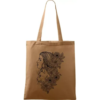 Nákupní taška Žena a kočka - kreslená - Taška bavlněná - 42 x 38 cm ( Cappuccino )