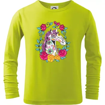 Dětská móda Kůň barevný s květinami - Triko dětské Long Sleeve - 122 cm/6 let ( Limetková )
