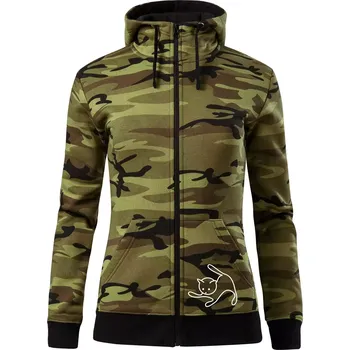 Dámská mikina Kočka si hraje - Dámská mikina trendy zipper s kapucí - S ( Zelený maskáč )