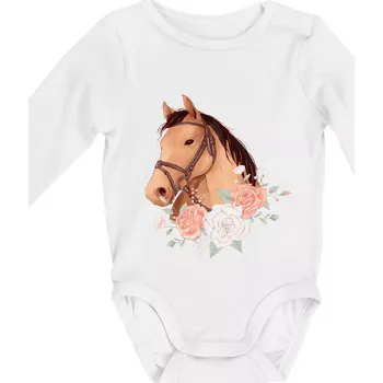 Hlava koně a růže - Body kojenecké s dlouhým rukávem - Dlouhý r. do 3 měs ( Bílá )