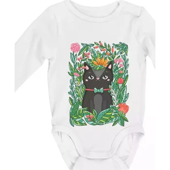 Kojenecké oblečení Kočka s květy malovaná - Body kojenecké s dlouhým rukávem - Dlouhý r. 3-6 měs ( Bílá )