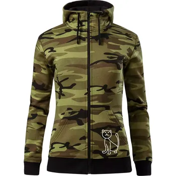 Dámská mikina Kočka kouká - Dámská mikina trendy zipper s kapucí - S ( Zelený maskáč )