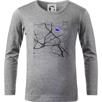 Chlapecké tričko Praha - 14100 mapa s vodními toky - Triko dětské Long Sleeve - 134 cm/8 let ( Tmavě šedý melír )