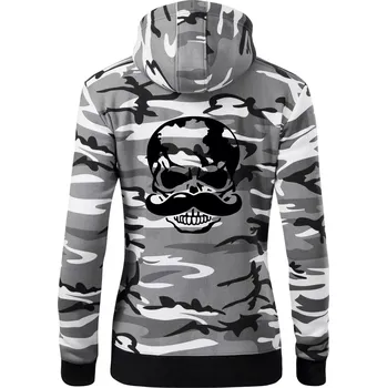 Dámská mikina Mustache lebka - Dámská mikina trendy zipper s kapucí - S ( Šedý maskáč )