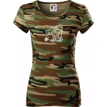 Dámské tričko Kočka - Klubíčko - prsa - Dámské maskáčové triko - S ( Hnědý maskáč )