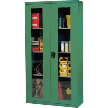 Dílenská skříň, v x š x h: 1950 x 1044 x 405 mm, dveře - dvoukřídlé prosklené, 3 x police 100 kg, barva zelená RAL6011