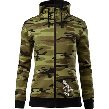 Dámská mikina Kůň běžící - Dámská mikina trendy zipper s kapucí - M ( Zelený maskáč )