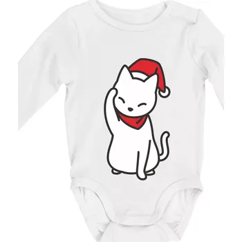 Vánoční kočka mávající - Body kojenecké s dlouhým rukávem - Dlouhý r. 3-6 měs ( Bílá )