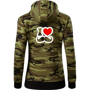 Dámská mikina i love mustache - obrys - Dámská mikina trendy zipper s kapucí - S ( Zelený maskáč )
