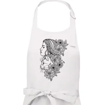 Kuchyňská zástěra Žena a kočka - kreslená - Dámská zástěra na vaření - Univerzální velikost ( Bílá )