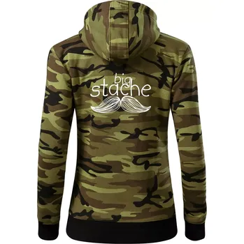 Dámská mikina Big stache - Dámská mikina trendy zipper s kapucí - S ( Zelený maskáč )