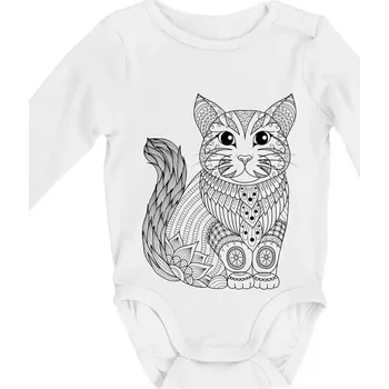 Kojenecký body Kočka sedící mandala - Body kojenecké s dlouhým rukávem - Dlouhý r. do 3 měs ( Bílá )