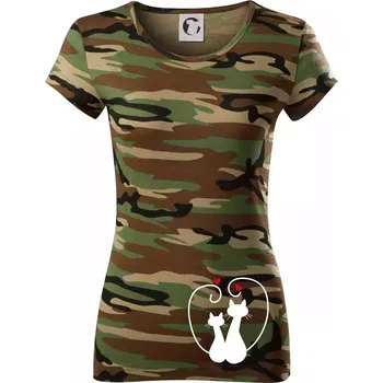 Dámské tričko Kočky - Zamilovaný pár - Dámské maskáčové triko - L ( Hnědý maskáč )