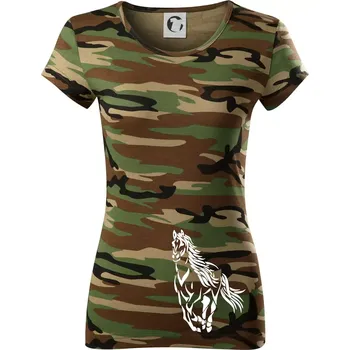 Kůň běžící - Dámské maskáčové triko - M ( Hnědý maskáč )