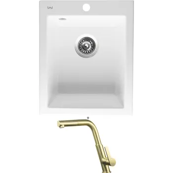Granitový dřez Keramický dřez SET Sinks CERAM 410 bílá + Deante SILIA BQS R73M zlatá nerez