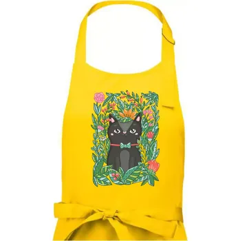 Kuchyňská zástěra Kočka s květy malovaná - Dámská zástěra na vaření - Univerzální velikost ( Žlutá )
