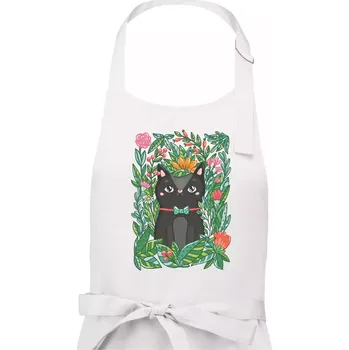 Kuchyňská zástěra Kočka s květy malovaná - Dámská zástěra na vaření - Univerzální velikost ( Bílá )