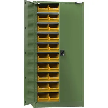 Zásobníková skříň s dveřmi 1950 x 950 x 400 mm, 9 x police, 40 x zásobník 204 x 350 x 150 mm, barva zelená RAL6011