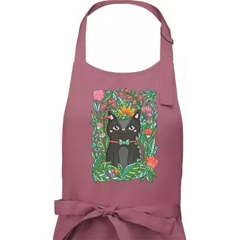 Kuchyňská zástěra Kočka s květy malovaná - Pánská zástěra na vaření - Univerzální velikost ( Starorůžová )