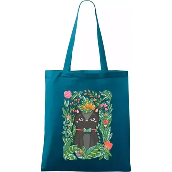 Nákupní taška Kočka s květy malovaná - Taška bavlněná - 42 x 38 cm ( Petrolejová )