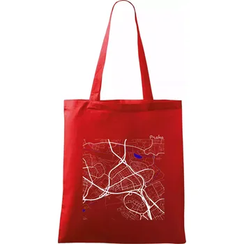 Nákupní taška Praha - 14100 mapa s vodními toky - Taška bavlněná - 42 x 38 cm ( Červená )