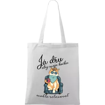 Nákupní taška Já dřu, aby moje kočka mohla relaxovat - Taška bavlněná - 42 x 38 cm ( Bílá )
