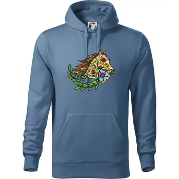 Pánská mikina Kůň barevný s listy - Mikina pánská Cape s kapucí - 4XL ( Denim )