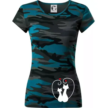 Kočky - Zamilovaný pár - Dámské maskáčové triko - M ( Petrolejová maskáč )